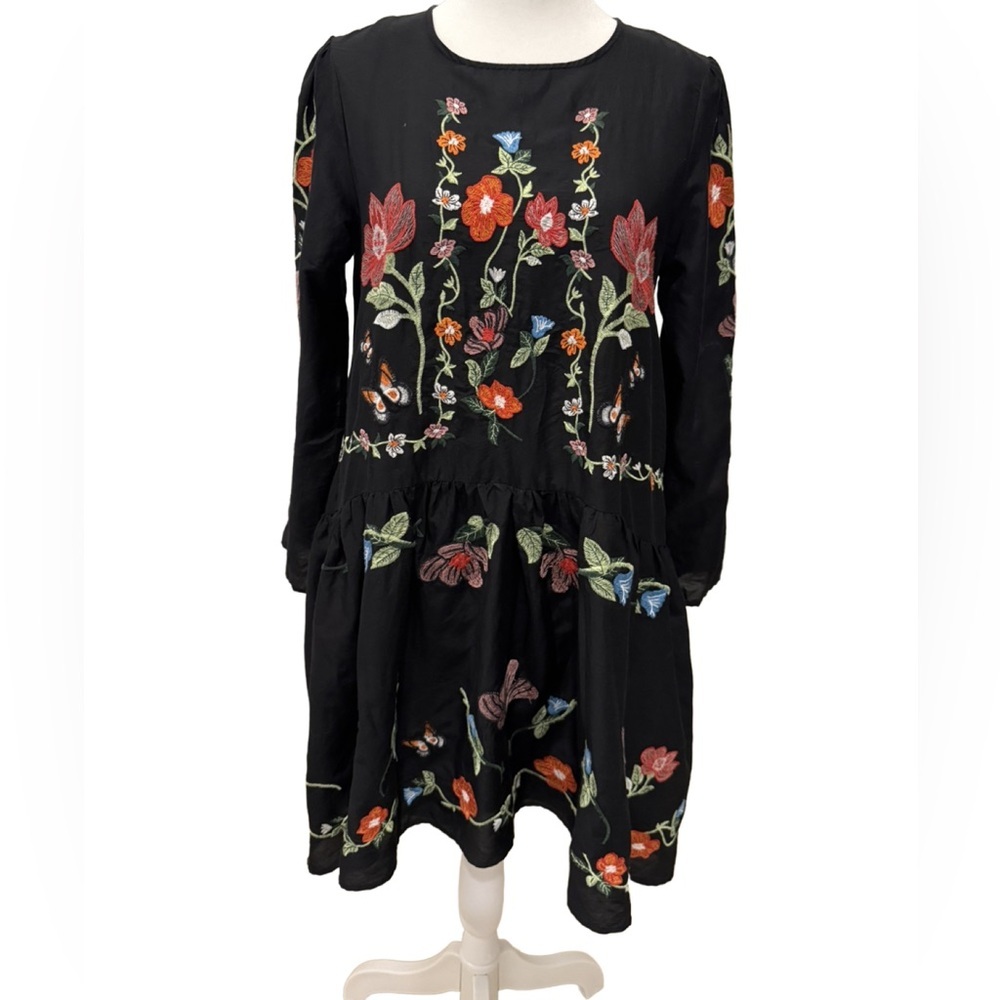 Zara Black Swing Dress with Orange and Green Embroidery XS - Picture 4 of 11